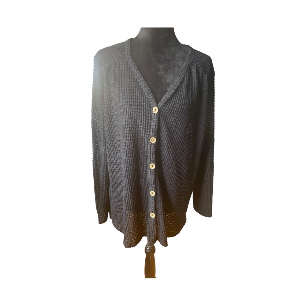 BiBi Waffle Knit Button Front Tunic Cardigan Black NWT Size Medium